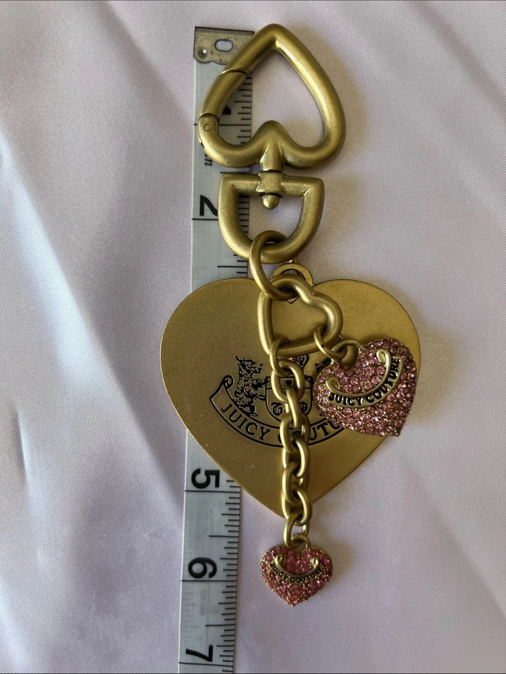 Juicy Couture Vintage Gold-Tone Heart Keychain with Pink Crystal Heart Charms